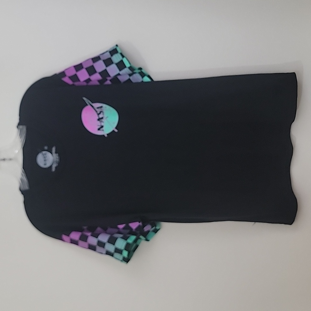 Nasa Black w/Green & Pink Checkered Graphic Short Sleeve T-Shirt XL